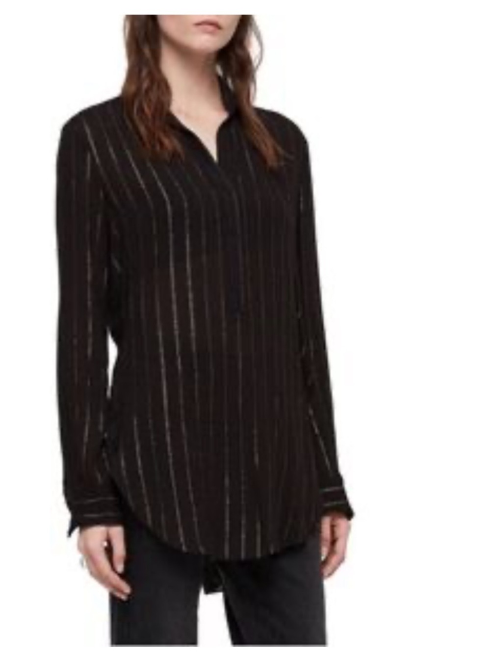 All saints Women’s Black Metallic Pinstripe V-Neck Blouse gold silver